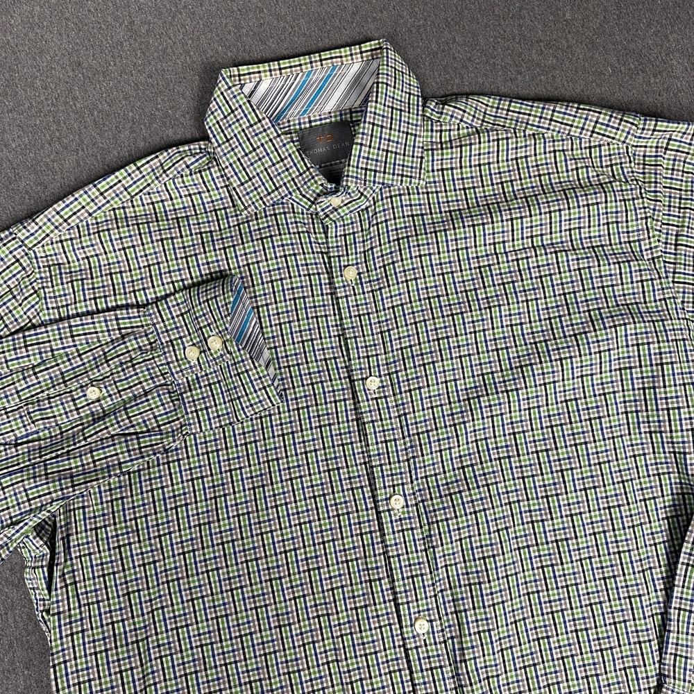 Thomas Dean Mens L Green Blue Plaid Check Long Sleeve Button Down Shirt Cotton